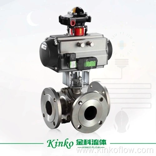 Válvula de esfera de três vias com flange pneumática CF8
