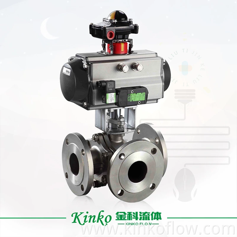 Válvula de esfera de três vias com flange pneumática CF8